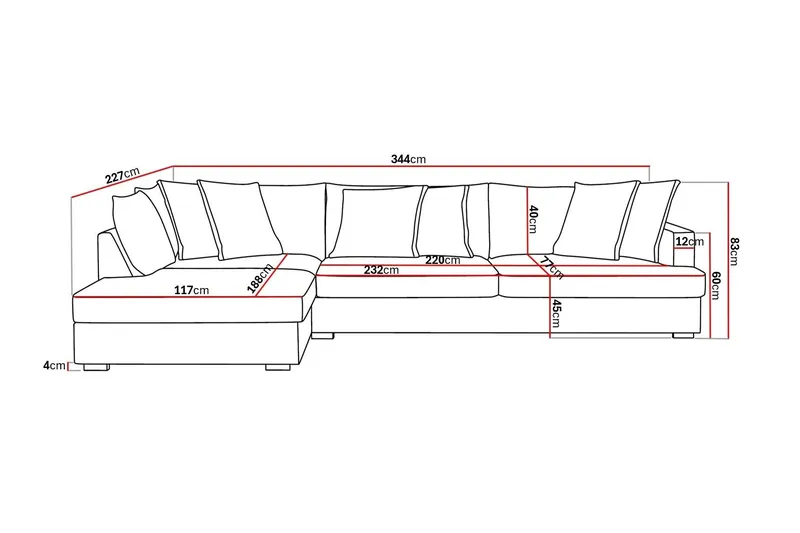 Rossita Lyx 4-sits Extra djup Soffa med Schäslong Vänster - Ljusgrå Chenille - Möbler - Soffa - Divansoffor & schäslongsoffa