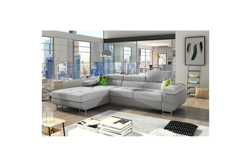 Sektionssoffa Eltap Armando 289x85x203 cm - Soro 83, Soft 29, Vit, Grå, Kuddar: Jungle 32, Grön, Vänster - Möbler - Soffa - Divansoffor & schäslongsoffa