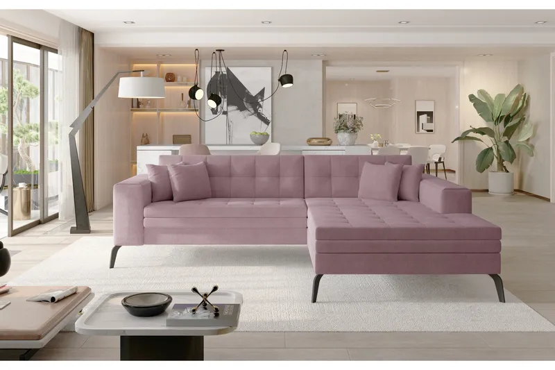 Solangis 3-sits Höger L-formad Bäddsoffa med Divan i Läder och Plysch, Rosa