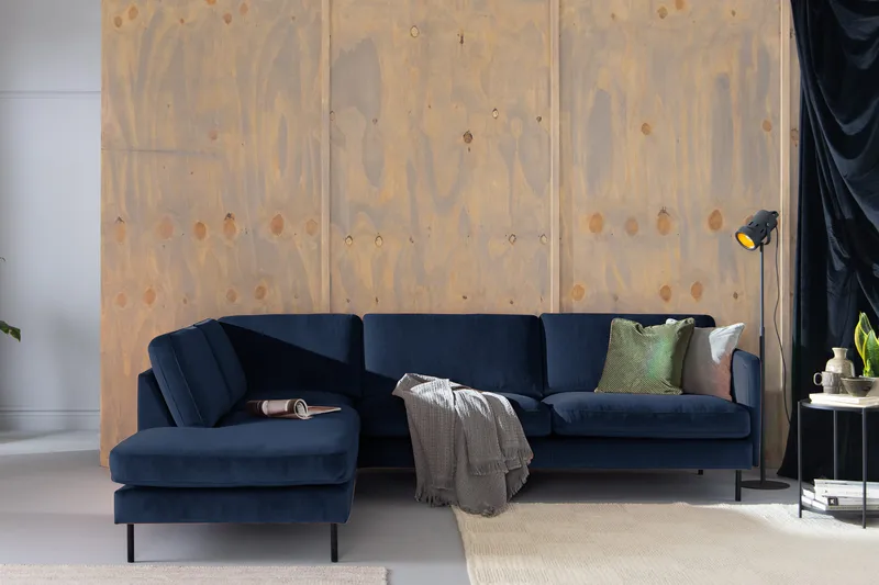 Teodin 2,5-sits Sammetssoffa med Schäslong Vänster - Blå - Möbler - Soffa - Divansoffor & schäslongsoffa