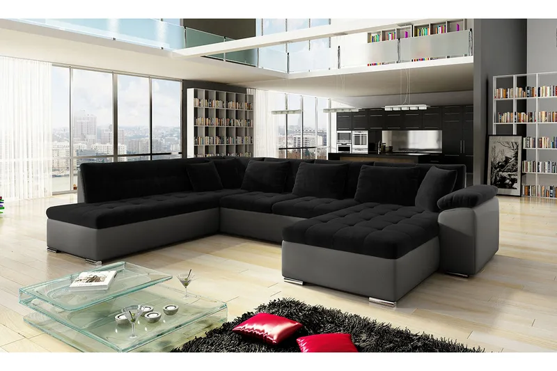 Dynir Soffa med Divan och Schäslong 4-sits - Svart/Grå - Möbler - Soffa - Skinnsoffor