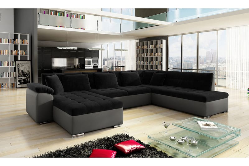 Dynir Soffa med Divan och Schäslong 4-sits - Svart/Grå - Möbler - Soffa - Skinnsoffor