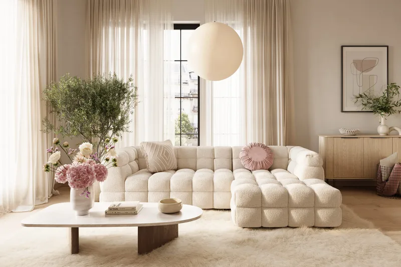 Elise 4-sits Bubblig Soffa med Divan Höger - Beige - Möbler - Soffa - Divansoffor & schäslongsoffa