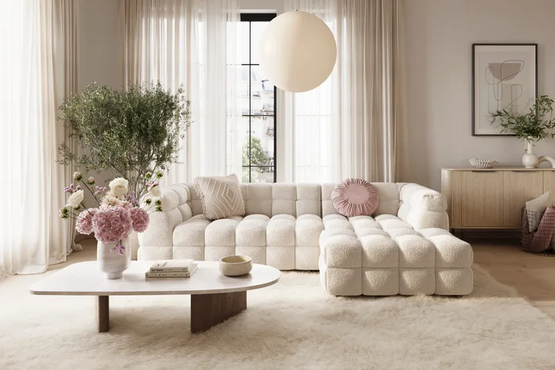 Elise 4-sits Bubblig Soffa med Divan Höger - Beige - Möbler - Soffa - Divansoffor & schäslongsoffa