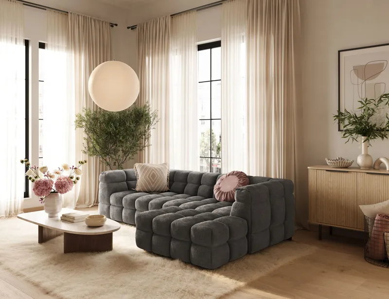 Elise 4-sits Bubblig Soffa med Divan Höger - Mörkgrå - Möbler - Soffa - Divansoffor & schäslongsoffa