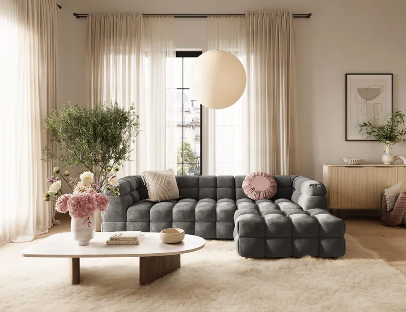 Elise 4-sits Bubblig Soffa med Divan Höger - Mörkgrå - Möbler - Soffa - Divansoffor & schäslongsoffa