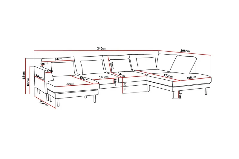 Florenz 4-sits Högervänd U-formad Soffa med Divan och Schäslong i Tyg - Ljusgrå - Möbler - Soffa - U-soffa