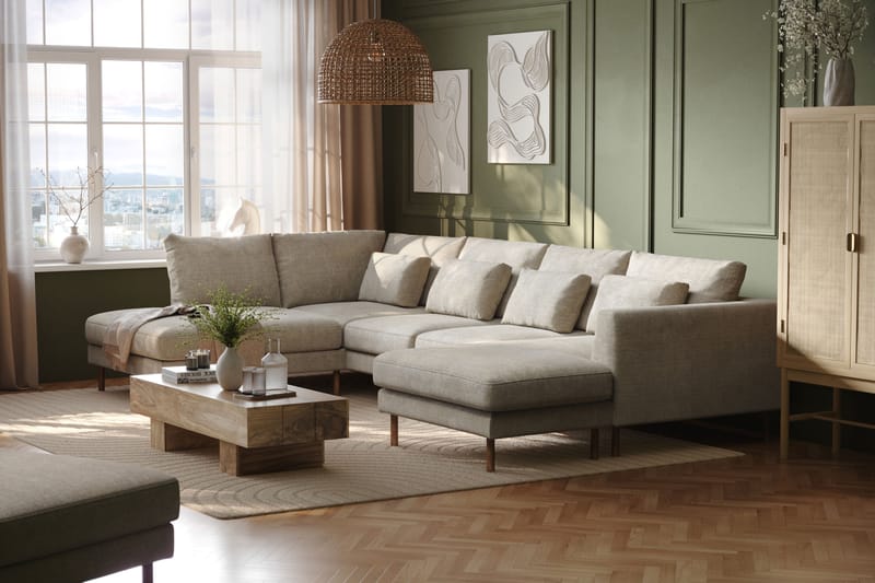 Florenz 4-sits Vänstervänd U-formad Soffa med Divan och Schäslong i Chenille - Grå / Beige - Möbler - Soffa - U-soffa