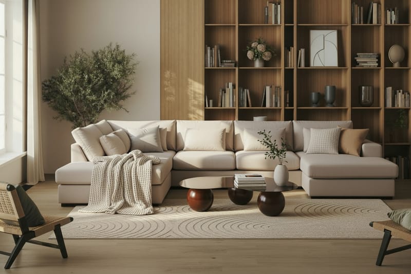 Grande 5-sits U-Soffa med Divan Höger - Beige Sammet - Möbler - Soffa - U-soffa