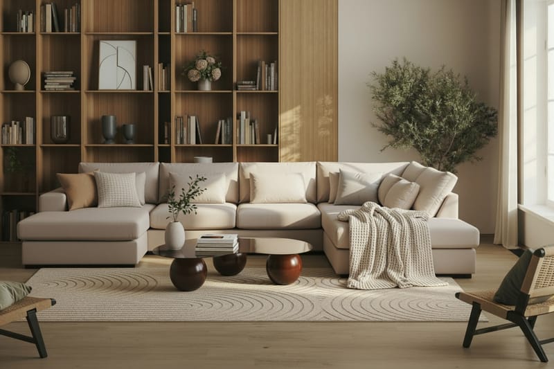 Grande 5-sits U-Soffa med Divan Vänster - Beige Sammet - Möbler - Soffa - U-soffa