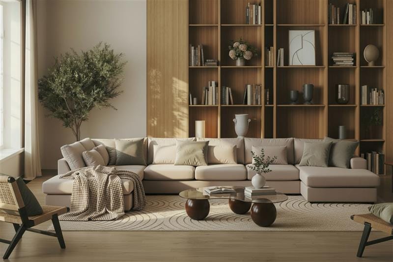 Grande 6-sits U-Soffa med Divan Höger - Beige Sammet - Möbler - Soffa - U-soffa