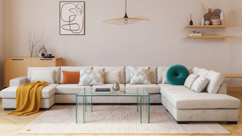 Grande Stor 7-sits U-Soffa med Divan Vänster - Beige Sammet - Möbler - Soffa - U-soffa