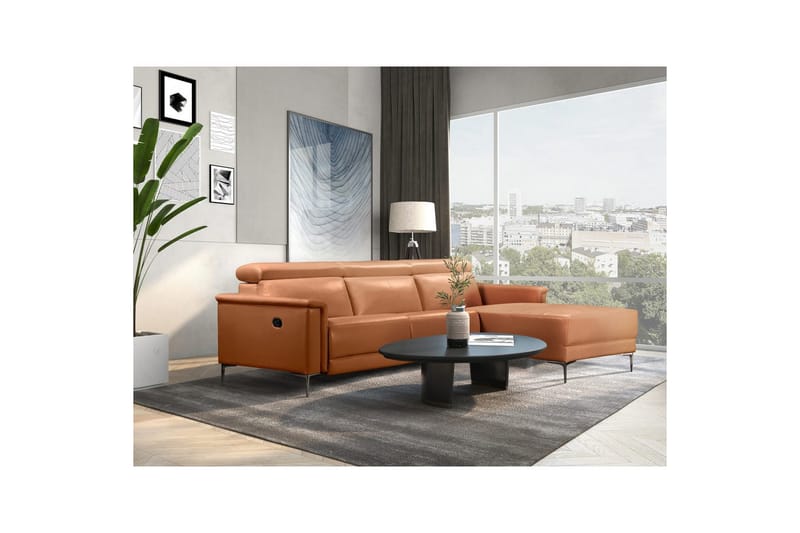 Hörnsoffa 3-sits Lund Cognac, Läder/PU, Höger manuell vilstol - Cognac, Läder/PU, Höger manuell vilstol - Möbler - Soffa - Skinnsoffor
