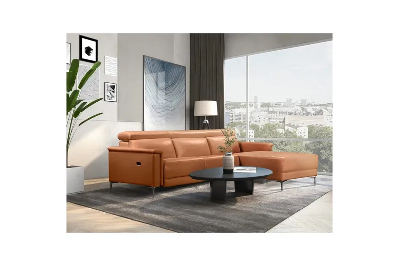 Hörnsoffa 3-sits Lund Cognac, PU, Höger elektrisk vilstol - Cognac, PU, Höger elektrisk vilstol - Möbler - Soffa - Skinnsoffor