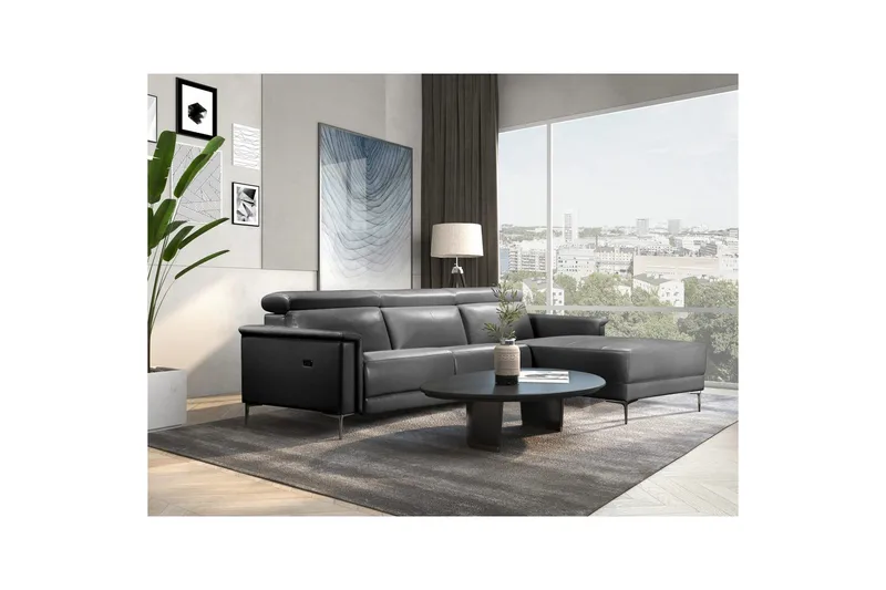 Hörnsoffa 3-sits Lund Svart, Läder/PU, Höger elektrisk vilstol - Svart, Läder/PU, Höger elektrisk vilstol - Möbler - Soffa - Skinnsoffor