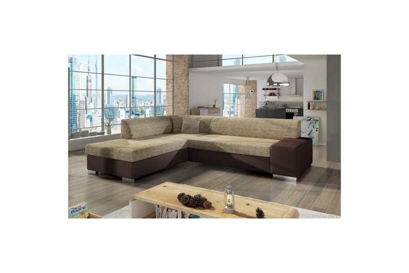 Hörnsoffa Eltap Porto 278x217x74 cm - Berlin 03, Soft 66, Beige, Mörkbrun, Vänster - Möbler - Soffa - Bäddsoffa