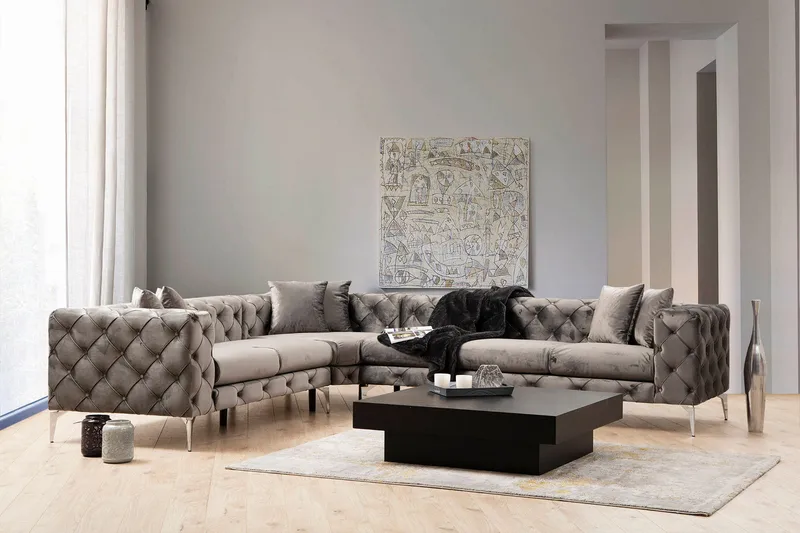 Beachport Stor 6-sits Hörnsoffa Sammet L formad - Grå / Antracit - Möbler - Soffa - Hörnsoffa