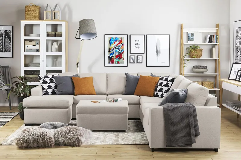 Crazy 6-sits Vänstervänd U-formad Large Hörnsoffa med divan i Tyg - Beige - Möbler - Soffa - Hörnsoffa