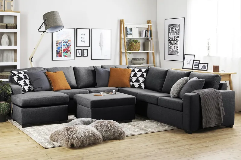 Crazy 6-sits Vänstervänd U-formad Large Hörnsoffa med divan i Tyg - Mörkgrå - Möbler - Soffa - Hörnsoffa - Hörnsoffa med divan