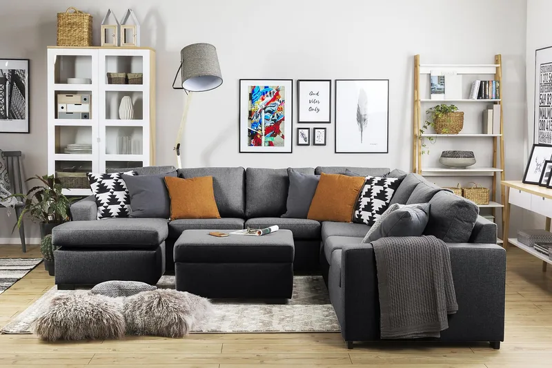 Crazy 6-sits Vänstervänd U-formad Large Hörnsoffa med divan i Tyg - Mörkgrå - Möbler - Soffa - Hörnsoffa - Hörnsoffa med divan