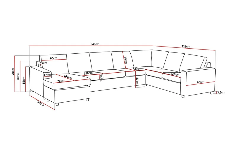 Crazy 6-sits Vänstervänd U-formad X-Large Hörnsoffa med divan i Tyg - Antracit - Möbler - Soffa - Hörnsoffa - Hörnsoffa med divan