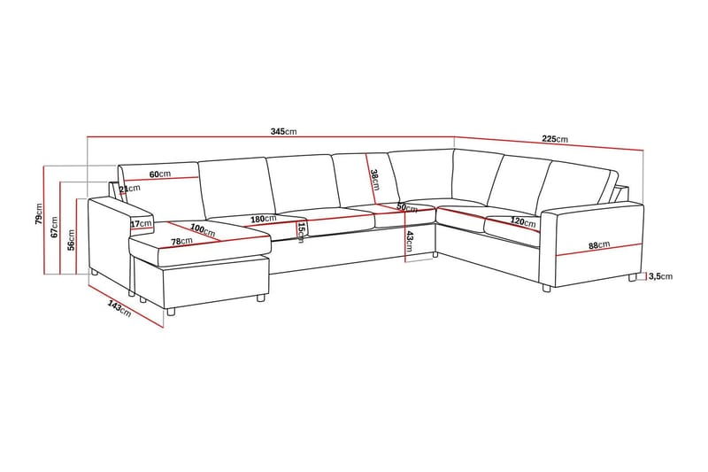 Crazy 6-sits Vänstervänd U-formad X-Large Hörnsoffa med divan i Tyg - Antracit - Möbler - Soffa - Hörnsoffa - Hörnsoffa med divan