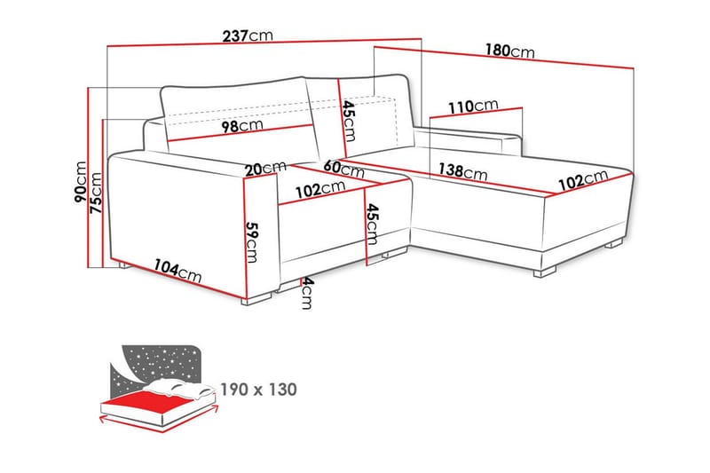 Denegal 3-sits Vänstervänd Bäddsoffa 130x190 cm med Förvaring i Sammet - Grå - Möbler - Soffa - Bäddsoffa - Bäddsoffa divan
