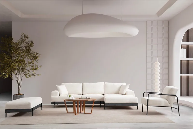 Eti 4-sits Högervänd L-formad Hörnsoffa med Divan 98 cm i Chenille - Vit - Möbler - Soffa - Divansoffor & schäslongsoffa - 4 sits soffa med divan