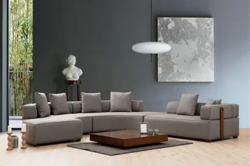 Lasalle 6-sits Svängd Soffa med Divan och Schäslong i Tyg med Träben - Grå - Möbler - Soffa