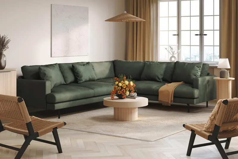 Menard 6-sits Högervänd L-formad Hörnsoffa i Manchester - Grön - Möbler - Soffa - Hörnsoffa