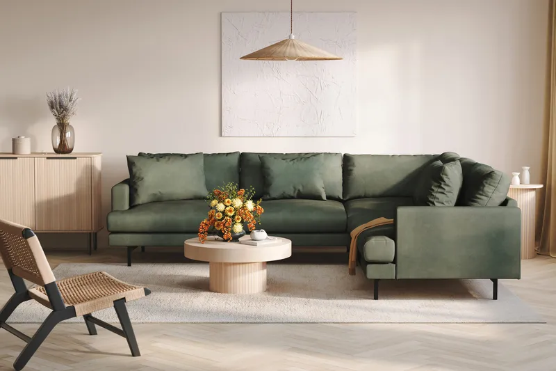 Menard 6-sits Högervänd L-formad Hörnsoffa i Manchester - Grön - Möbler - Soffa - Hörnsoffa