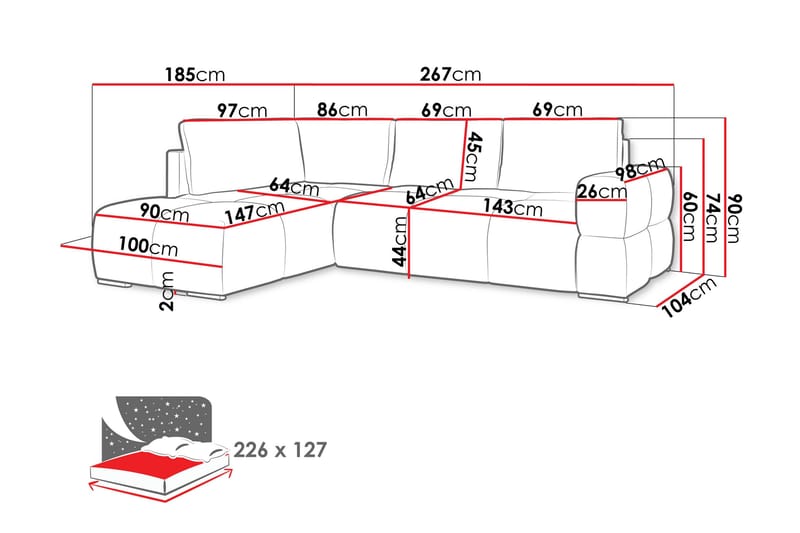Hardam Bäddsoffa med Schäslong 3-sits i Chenille - Brun - Möbler - Soffa - Bäddsoffa