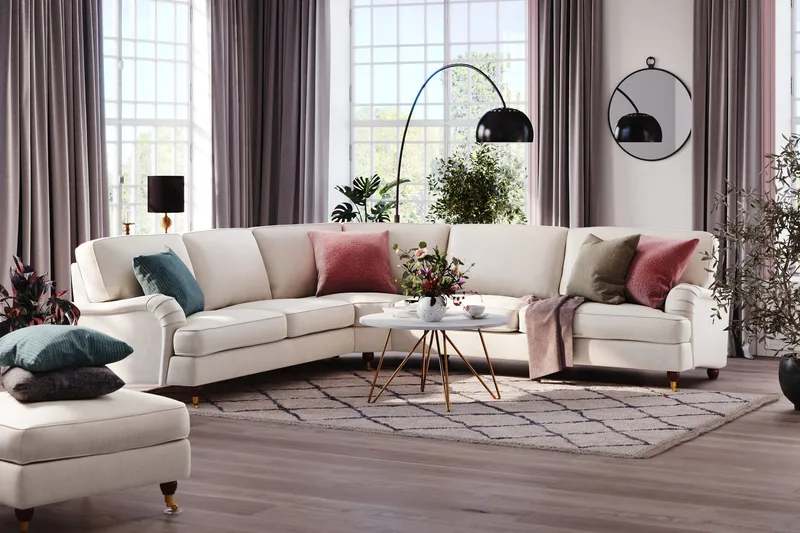 Howard Lyx 6-sits Vänstervänd L-formad Hörnsoffa i Sammet - Krämvit - Möbler - Soffa - Howardsoffor