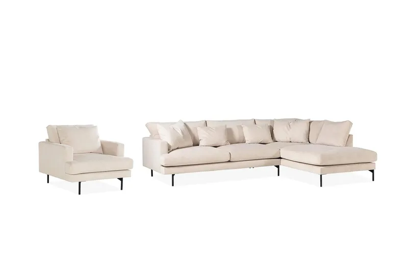 Menard Soffgrupp 4-sits Högervänd L-formad Schäslongsoffa + Stor Fåtölj i Manchester, Beige