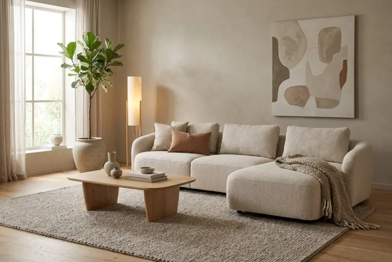 Milano 5-sits Rundad Högervänd L-soffa med Låg Rygg i Beige Boucle - Möbler - Soffa - Divansoffor & schäslongsoffa