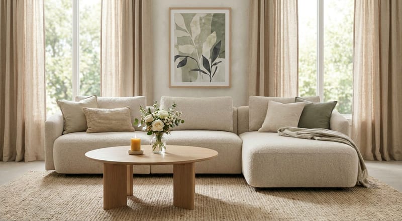 Milano 5-sits Rundad Högervänd L-soffa med Låg Rygg i Beige Boucle - Möbler - Soffa - Divansoffor & schäslongsoffa