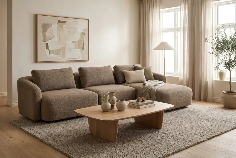 Milano 5-sits Rundad Högervänd L-soffa med Låg Rygg i Brun Boucle - Brun - Möbler - Soffa - Divansoffor & schäslongsoffa