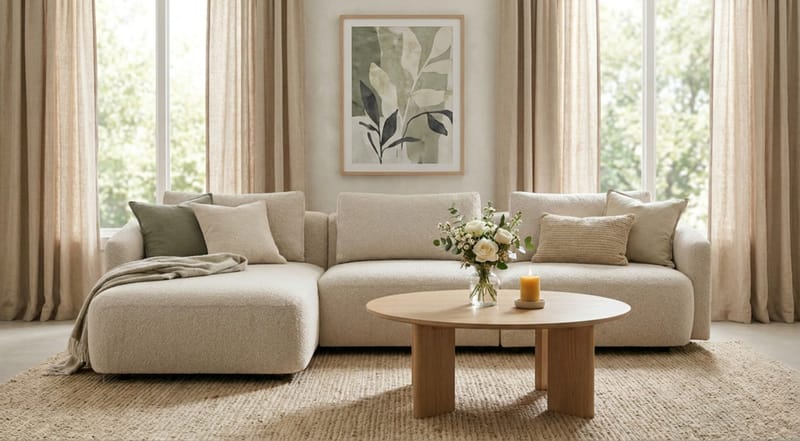 Milano 5-sits Rundad Vänstervänd L-soffa med Låg Rygg i Beige Boucle - Möbler - Soffa - Divansoffor & schäslongsoffa