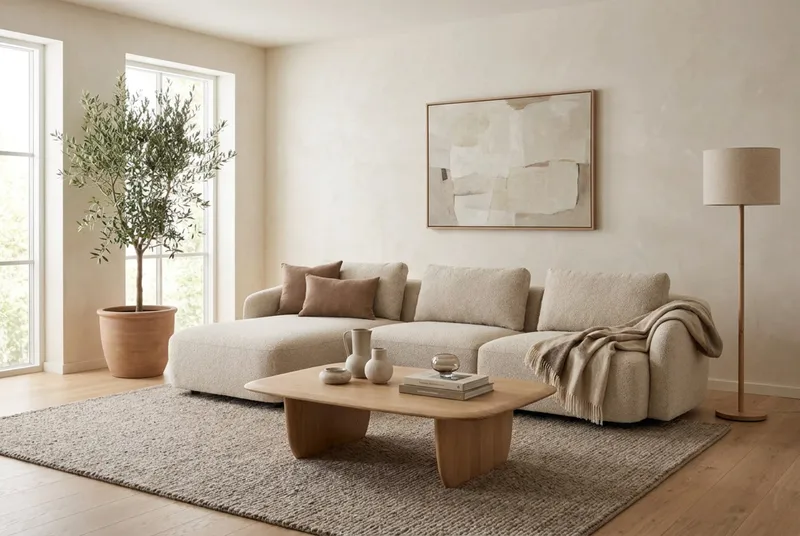 Milano 5-sits Rundad Vänstervänd L-soffa med Låg Rygg i Beige Boucle - Möbler - Soffa - Divansoffor & schäslongsoffa