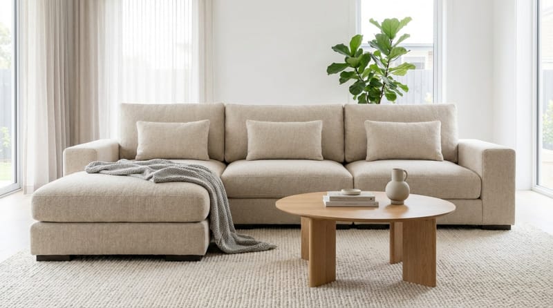 Dubai Extra djup 4-sits Modulsoffa med divan höger i tyg vändbar Extra Djup - Ljusbeige - Möbler - Soffa - Modulsoffor - Komplett modulsoffa