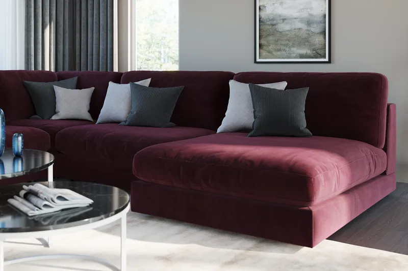 Arken 6-sits Vändbar L-formad Modulhörnsoffa med Divan + Fotpall i Sammet - Lila - Möbler - Soffa - Modulsoffor - Komplett modulsoffa