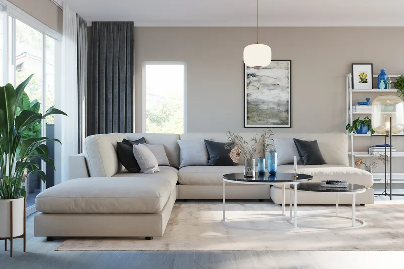 Arken 6-sits Vändbar L-formad Modulhörnsoffa med Divan + Fotpall i Tyg - Beige - Möbler - Soffa - Modulsoffor - Komplett modulsoffa