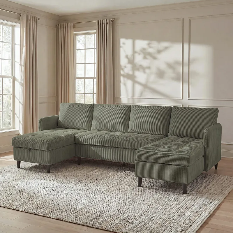 Lindhus 4-sits U-soffa med dubbeldivan och förvaring i manchester - Grön - Möbler - Soffa - Modulsoffor - Komplett modulsoffa