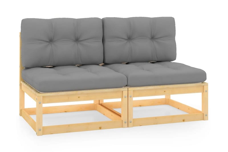 Mittensoffor 2 st med grå dynor massiv furu - Grå - Utemöbler - Loungemöbler - Modulsoffa utomhus