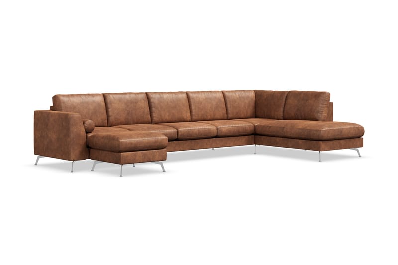 Ocean Lyx 6-sits Högervänd U-formad Soffa med Divan och Schäslong + Fotpall i Konstläder - Brun - Möbler - Soffa - Skinnsoffor