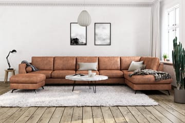 Ocean Lyx 6-sits Högervänd U-formad Soffa med Divan och Schäslong + Fotpall i Konstläder - Brun - Möbler - Soffa - Skinnsoffor