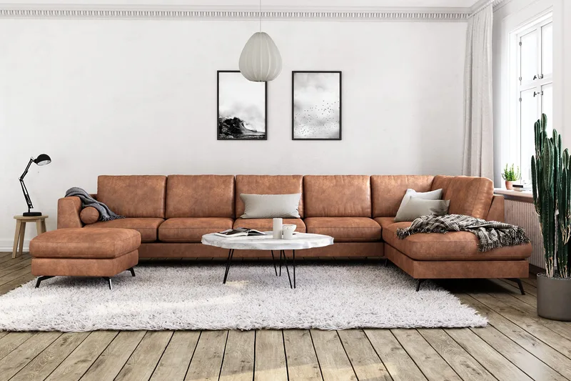Ocean Lyx 6-sits Högervänd U-formad Soffa med Divan och Schäslong + Fotpall i Konstläder - Brun - Möbler - Soffa - Skinnsoffor