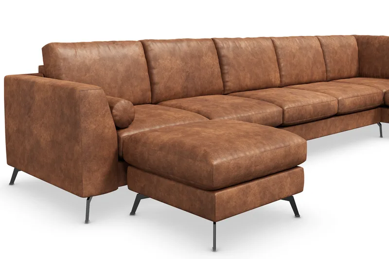 Ocean Lyx 6-sits Högervänd U-formad Soffa med Divan och Schäslong + Fotpall i Konstläder - Brun - Möbler - Soffa - Skinnsoffor
