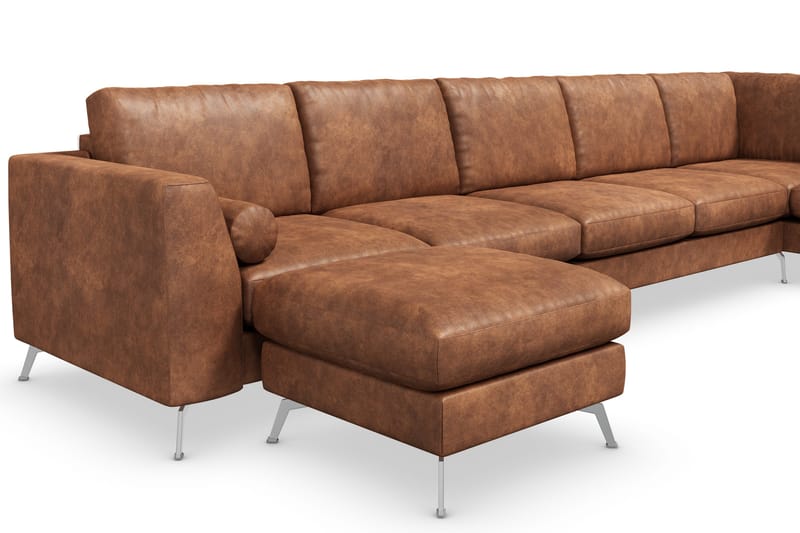 Ocean Lyx 6-sits Högervänd U-formad Soffa med Divan och Schäslong + Fotpall i Konstläder - Brun - Möbler - Soffa - Skinnsoffor