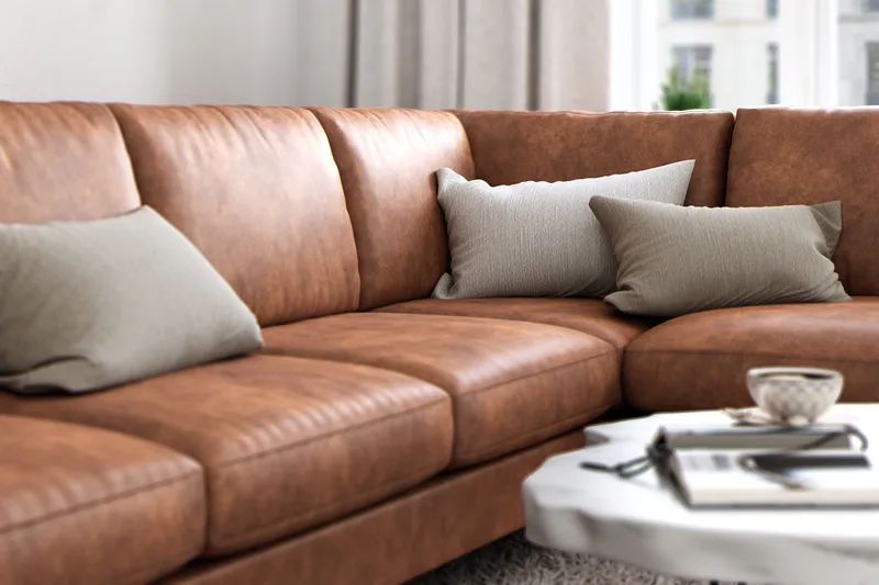 Ocean Lyx 6-sits Högervänd U-formad Soffa med Divan och Schäslong + Fotpall i Konstläder - Brun - Möbler - Soffa - Skinnsoffor